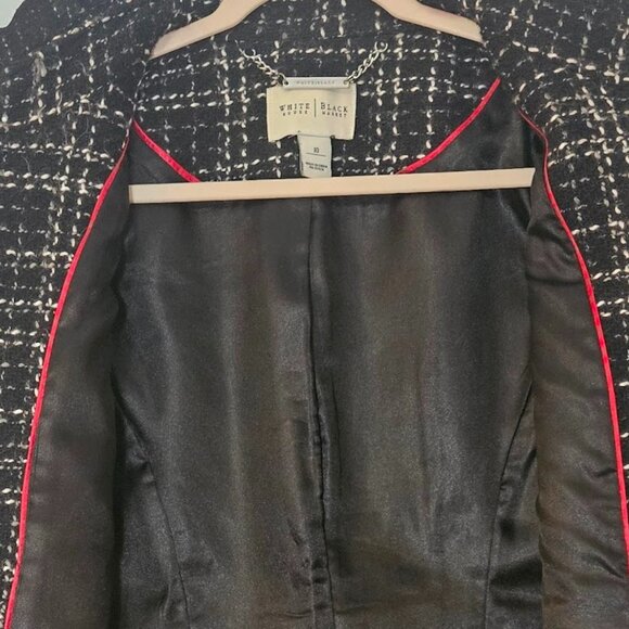 White House Black Market Wool Blend Tweed Coat Size 10 Black Plaid Red Trim - Picture 9 of 11